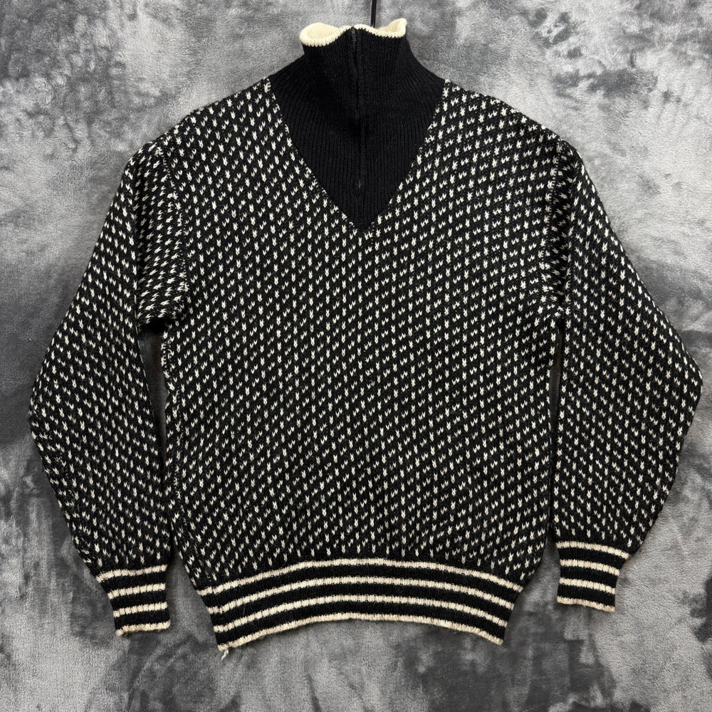 True Vintage Birdseye Knit Sweater Mens L Black Cream Quarter Zip Wool Mix